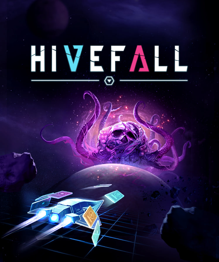 Hivefall key art — the Hive rising over a planet, a card-built ship running the grid below